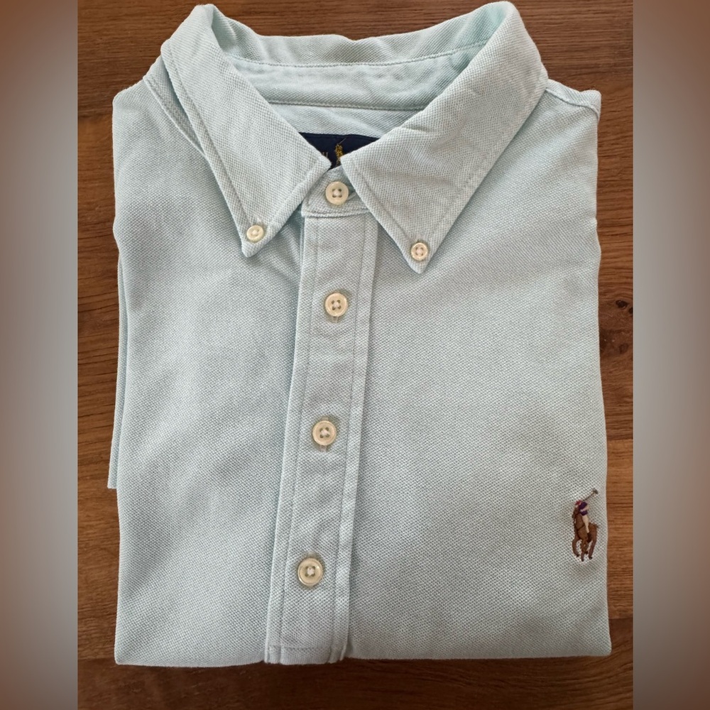 Ralph Lauren Polo Shirt Light Blue Turquoise Knit Oxford Flesh Pony Logo EUC